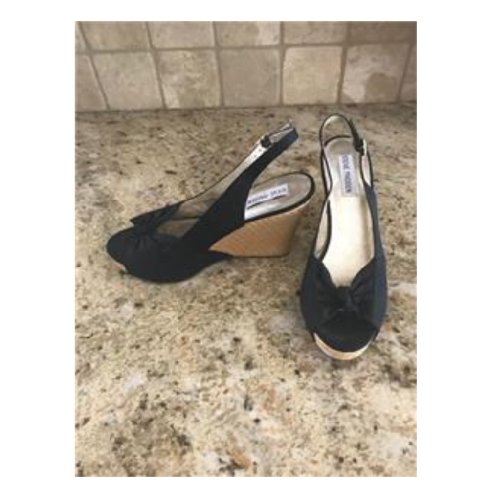 STEVE MADDEN PLATFORM WEDGE SANDALS BLACK BOW NWOT 9  LIFT YOUR STYLE!